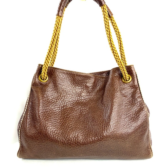 Plinio Visona Italian Brown Textured Leather Large Shoulder Bag Braided Handles - Picture 1 of 13